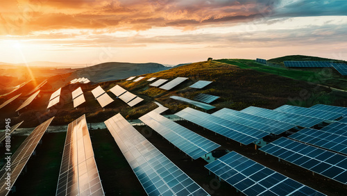 Solar park mega project green energy alternative electricity sunny day sola panels installed on hills green environment zero carbon 