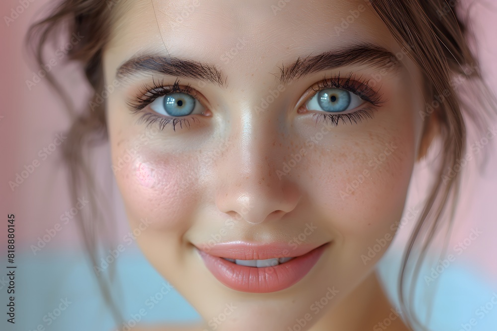 Close-Up Portrait of a Young Woman with Freckles and Blue Eyes Against a Soft Pink Background - Perfect for Beauty and Fashion Prints or Online Posters Close-Up Portrait of a Young Woman with Freckles and Blue Eyes Against a Soft Pink Background - Perfect for Beauty and Fashion Prints or Online Posters