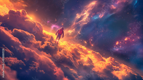 Colorful space scene with a person riding a skateboard. Skateboarding in the cosmos, colorful clouds