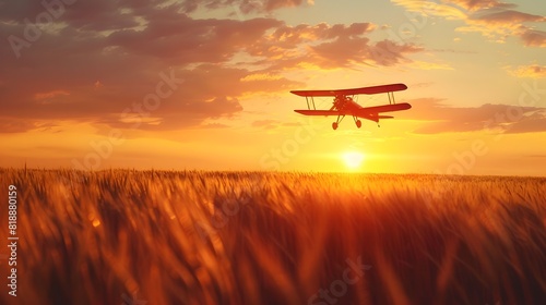 Vintage Biplane Soaring Over Golden Wheat Fields at Breathtaking Sunset Landscape