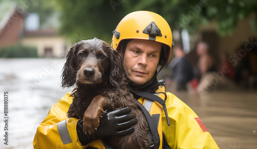 A male rescuer, emergency responder in a waterproof suit and helmet carrying and saving a dog during a flood.
