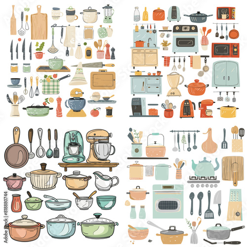 A vintage-style kitchen illustration featuring cookware, utensils, appliances, pots, pans, cutlery, blenders, and baking tools in a cozy and artistic design.

