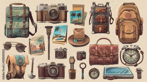 Collection of vintage items for tourists and travelers photo