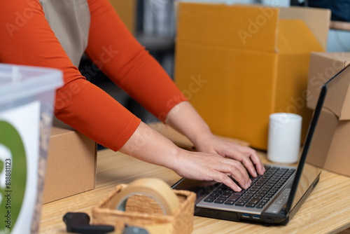 A woman types on a laptop surrounded by cardboard boxes and packing supplies in a home-based business setting, technology and eco-friendly practices in small business operations