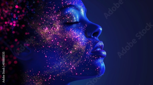 Cosmic Beauty Portrait: Digital Art of Woman with Starry Night Sky Complexion - Ideal for Skincare Brands Emphasizing Mystical or Night Treatments