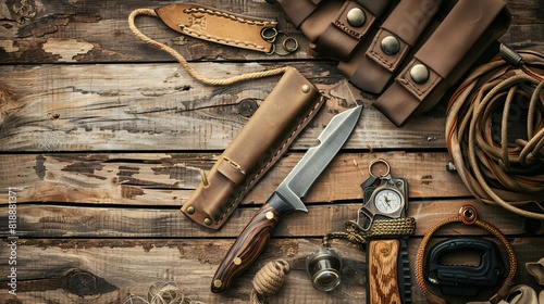 Survival knife and equipment set for jungle expeditions displayed on an old wooden floor photo