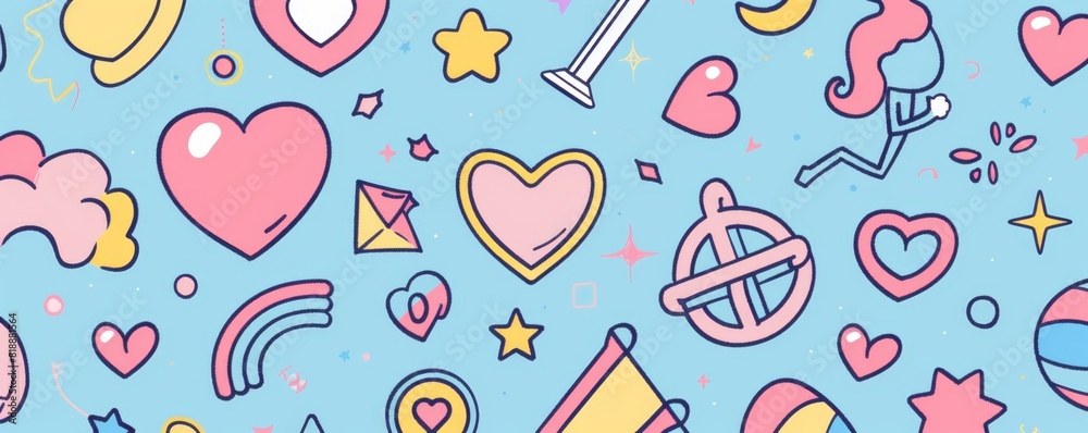 Cute and colorful cartoon pattern with hearts, stars, rainbows, and various playful elements on a light blue background. Cute and colorful cartoon pattern with hearts, stars, rainbows, and various playful elements on a light blue background.