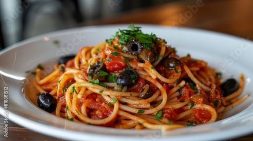 Plate of spaghetti puttanesca with olives, capers, and tomatoes, garnished with parsley