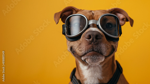 cute dog with pilot goggles on yellow background