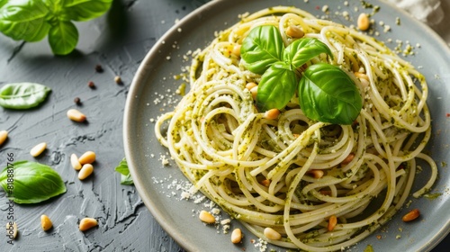 Plate of spaghetti with homemade pesto sauce, garnished with pine nuts and basil