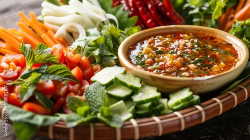 Platter of fresh Thai herbs and vegetables with a side of spicy nam prik (chili dip)