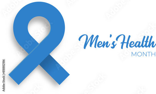 Mens health month concept horizontal banner design template with blue ribbon and text isolated on white background. June is national mens health awareness month vector flyer, banner, cover and poster