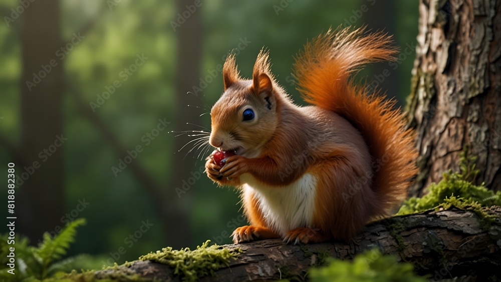 Obraz premium A squirrel is eating a nut on a tree