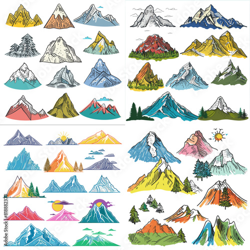 Collection of mountains in cartoon style Vector mountain peaks isolated on white background. rocky landscape
