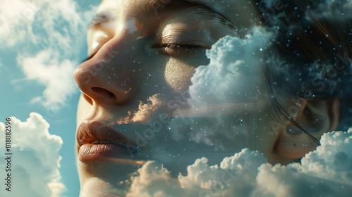 Dreamlike Skincare Routine Concept Poster Featuring Woman's Serene Face with Surreal Cloud and Star Elements