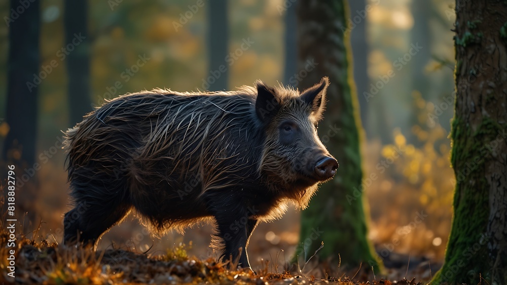 Image of Wild Boar Walking In Forest Background Image of Wild Boar Walking In Forest Background