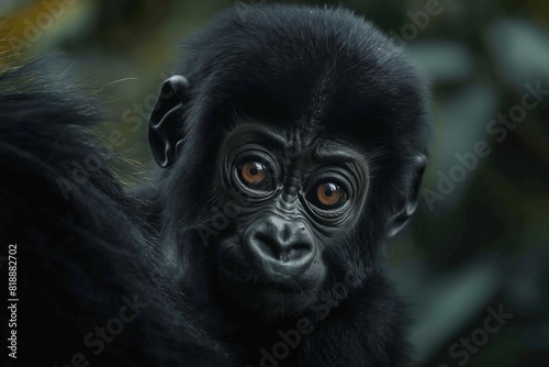 A cute baby gorilla clinging to its mother's back. Blurred background. Horizontal. Space for copy. Close up.