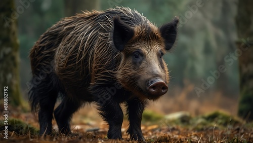 Image of Wild Boar Walking In Forest Background © Zamans