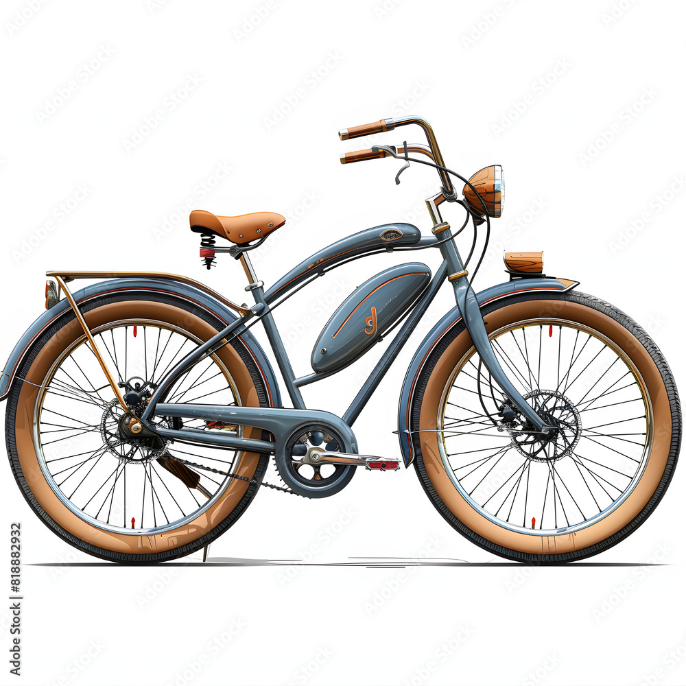 Beach cruiser bike and helmet isolated on white background, detailed, png
