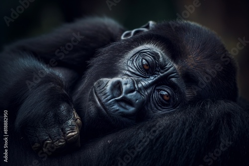 A cute baby gorilla clinging to its mother's back. Blurred background. Horizontal. Space for copy. Close up.
