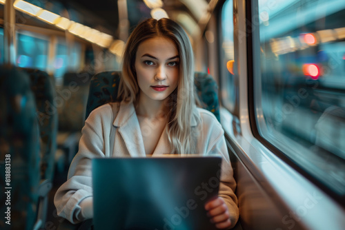 Woman working on laptop on train