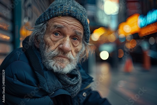 Homeless elderly man with beard close-up portrait