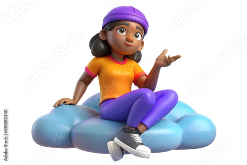 3D render of a young Black girl student pondering a decision while sitting on a cloud.