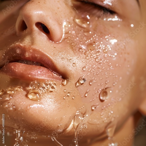 Close-Up of Woman's Face Undergoing Rejuvenating Oxygen Infusion Facial with Tiny Bubbles for Enhanced Clarity photo