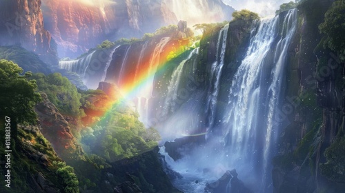 Rainbow reflected in the mist of a cascading waterfall  creating a magical scene