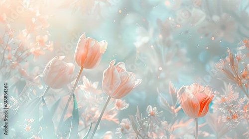 dreamlike spring podium delicate cherry blossoms and tulips in soft pastel tones ethereal morning light abstract background #818884364