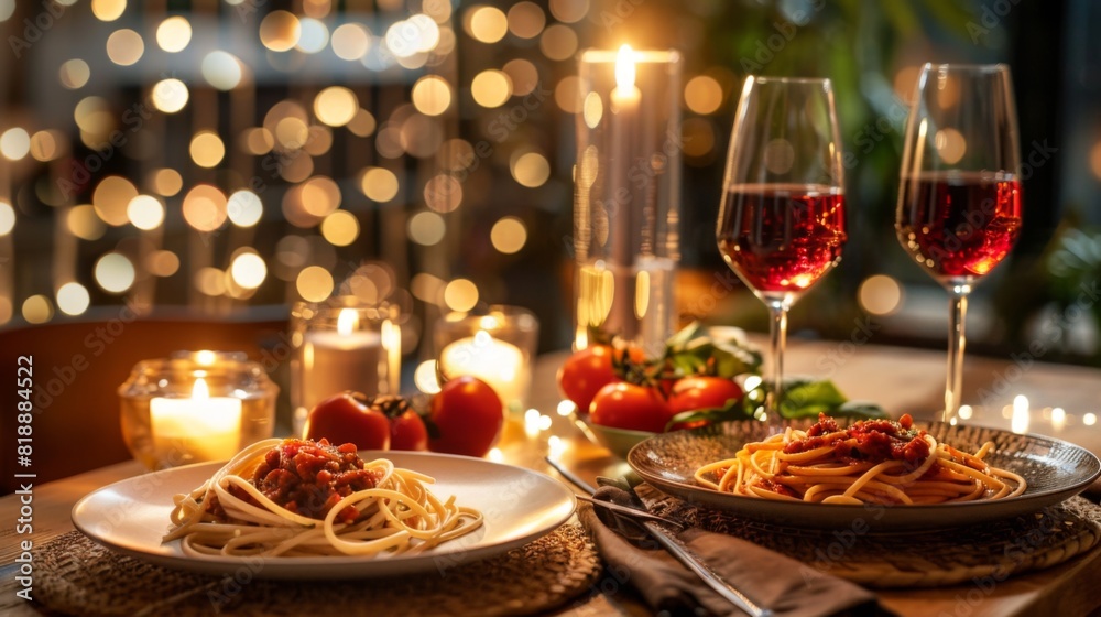 Romantic dinner setting with spaghetti dishes, wine glasses, and a candlelit ambiance