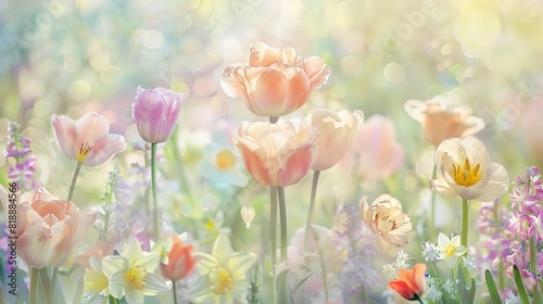 dreamy spring garden ethereal podium with pastel tulips daffodils and hyacinths under soft morning light watercolor illustration #818884566