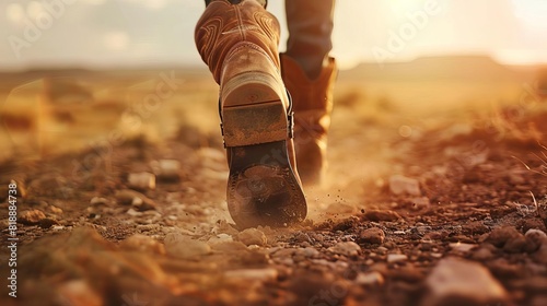 dusty cowboy boots kicking up trail as rider departs into unknown western adventure concept