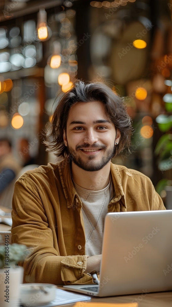 Obraz premium Satisfied Young Professional Working Remotely in Cozy Cafe Setting
