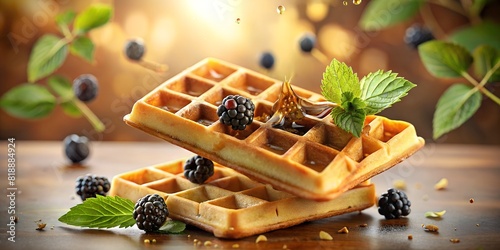 Magic waffle breakfast with elements floating in the air, blueberries, fresh mint leaves, wonderful boke splash of syrup and light maple syrup colourd background. The concept of healthy and tasty food photo