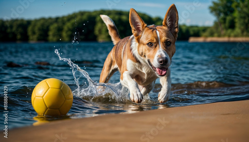 A young energetic half-breed dog jumps through the water. A dog plays with a ball in the water. Sunstroke, pet health in summer. How to protect your dog from overheating.
