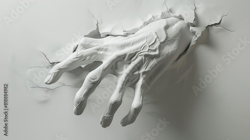 3D zombie hand breaks through a white wall.