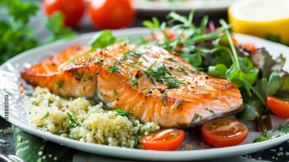 Salmon steak with a crispy skin, served with a side of quinoa and greens Salmon steak with a crispy skin, served with a side of quinoa and greens