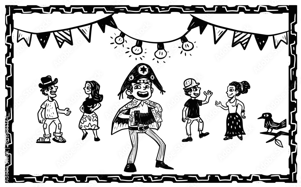 Festa do nordeste brasileiro. Sanfoneiro e pessoas dançando. Vetores separados