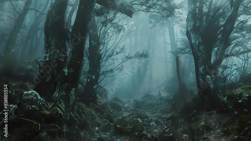 eerie aokigahara forest captured in surreal long exposure for national paranormal day fogenshrouded trees digital painting