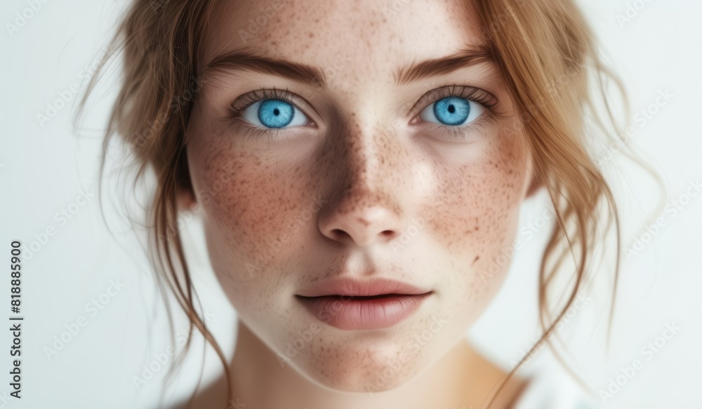 Freckled Beauty Close-Up Portrait of Blue-Eyed Woman on White Background Freckled Beauty Close-Up Portrait of Blue-Eyed Woman on White Background