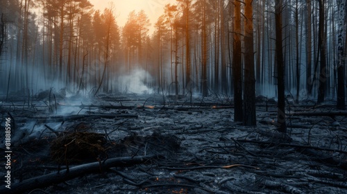 Scorched earth and burnt trees in the aftermath of a devastating forest fire