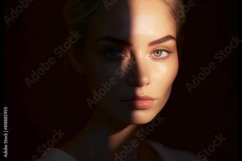 A beautiful young woman is illuminated by an unusual shadow. A large portrait with a shadow on the face, Eye and nose highlighted by light with copy space