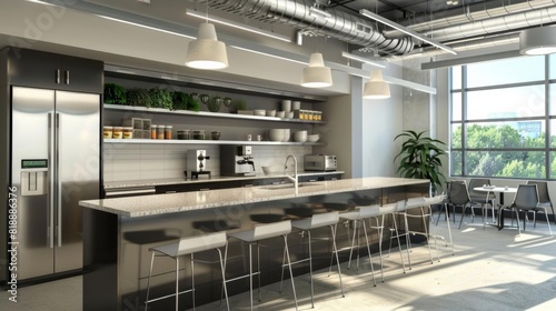 Modern office kitchen with stainless steel appliances, bar seating, and a communal coffee machine, stylish and practical