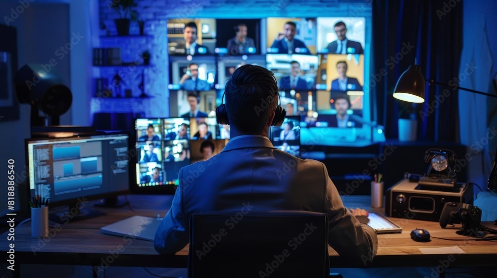 Man participating in a video conference, multiple screens showing colleagues, modern and connected home office