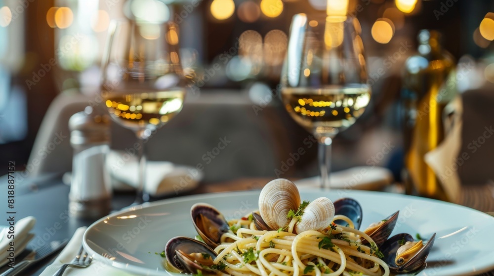 Spaghetti alle vongole served in a stylish restaurant setting with a glass of white wine Spaghetti alle vongole served in a stylish restaurant setting with a glass of white wine