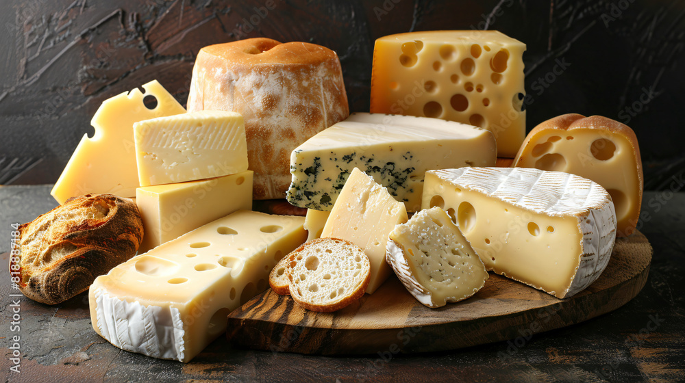 Different types of cheese and fresh bread on dark background