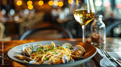 Spaghetti alle vongole served in a stylish restaurant setting with a glass of white wine photo
