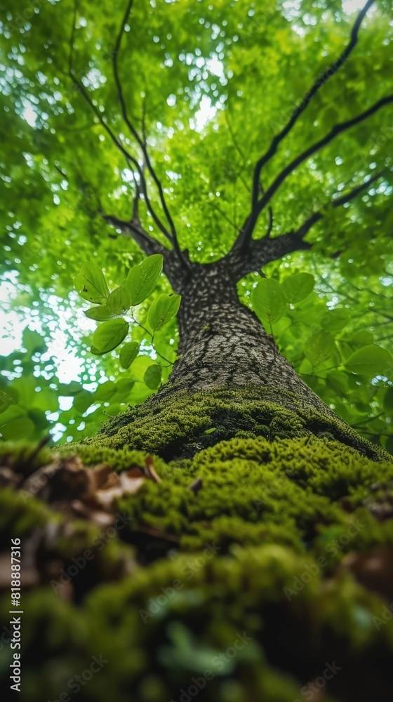 Fototapeta premium Looking up at a moss covered tree in a forest