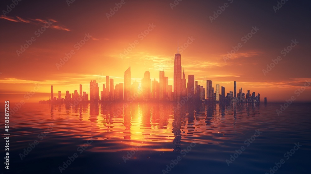 A futuristic metropolis skyline silhouetted against a horizon ablaze with the glow of a digital sunset, signaling the dawn of a new era. 32k, full ultra hd, high resolution